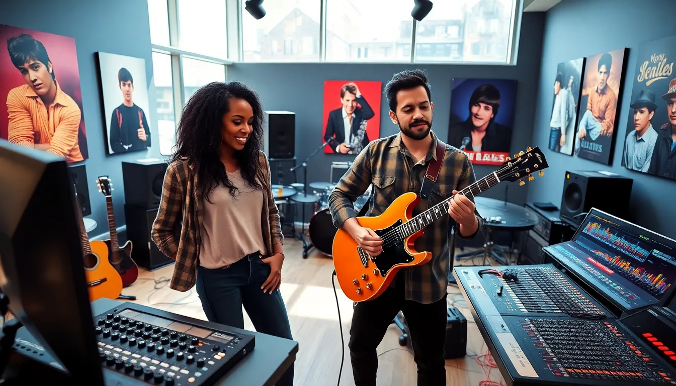 diverse musicians collaborating in a modern music studio.