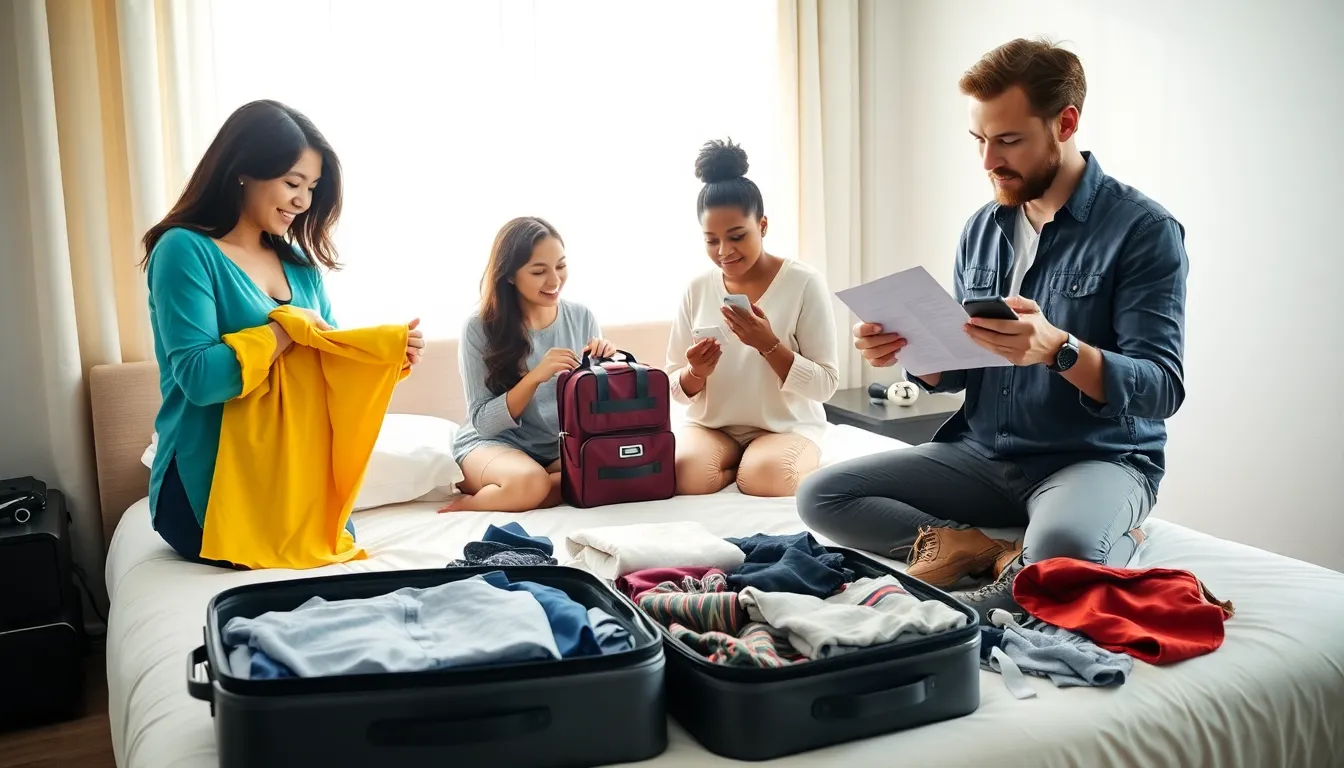 three travelers packing luggage in a modern bedroom.
