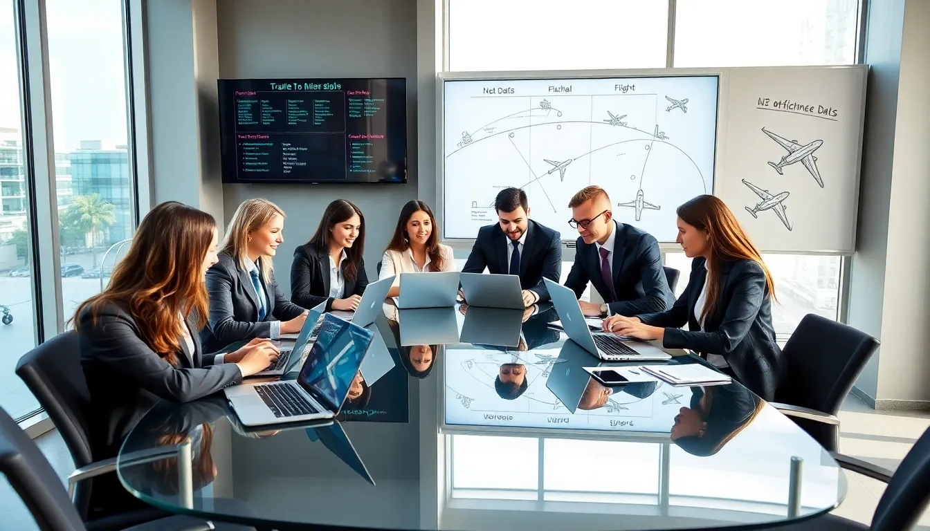 professionals discussing business travel plans in a modern office