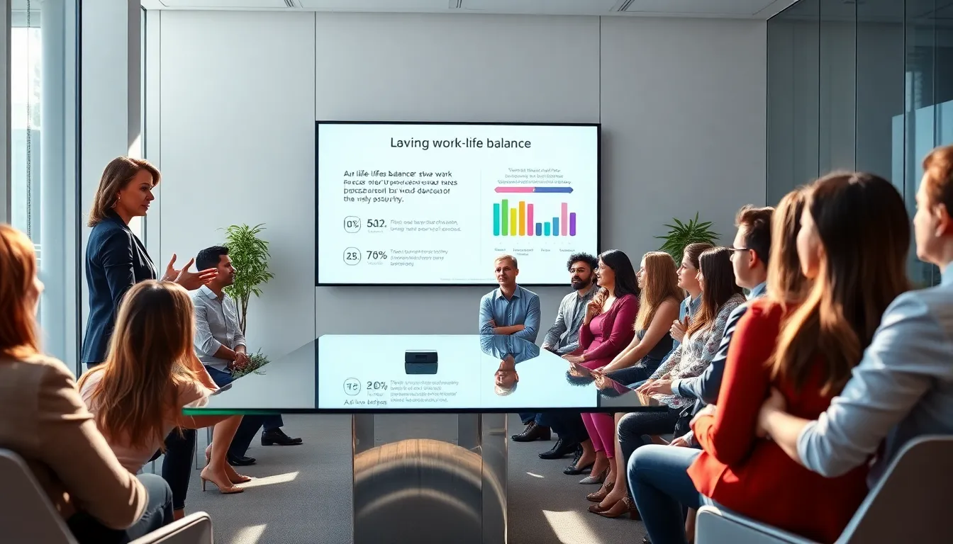diverse audience listening to a work-life balance speaker in a modern conference room.