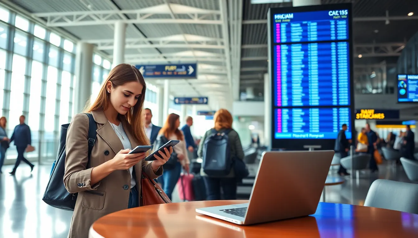 diverse travelers using smartphones for flight updates in a busy airport.