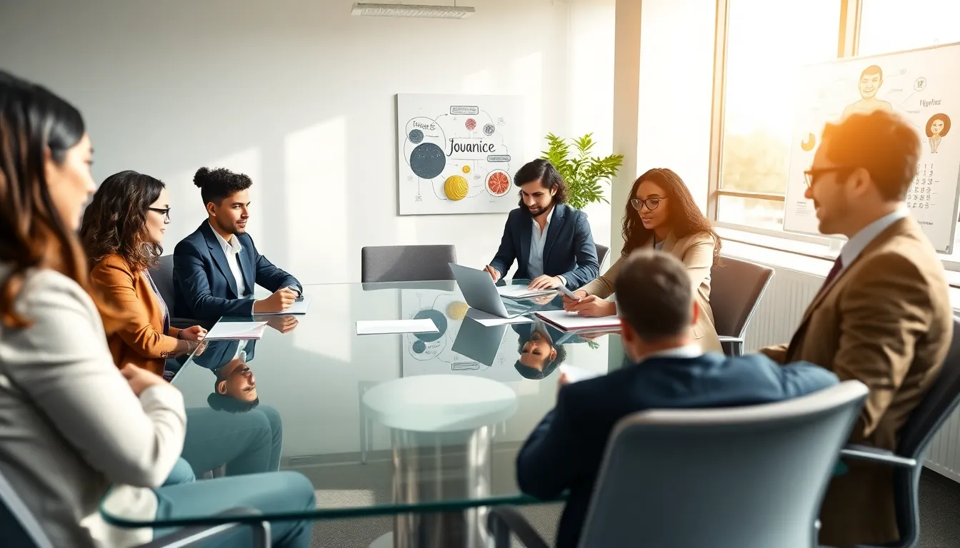 diverse professionals discussing work-life balance in a modern office.