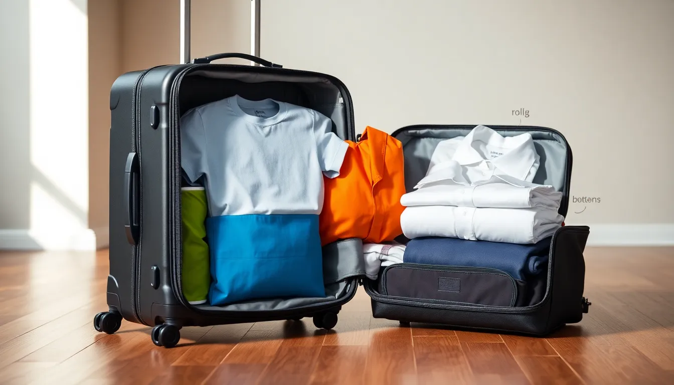 packed suitcase with cubes and clothing arranged for efficient travel.