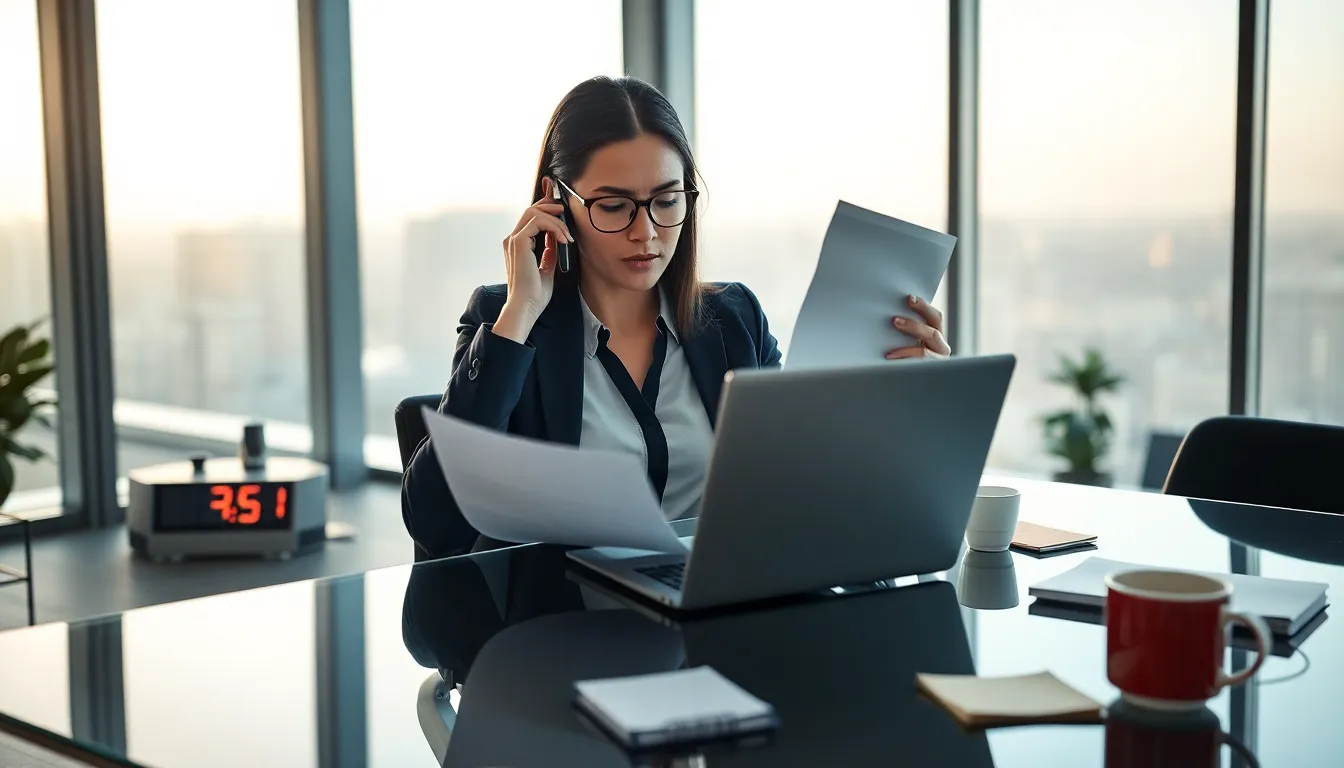 stressed professional managing work and personal life in a modern office.