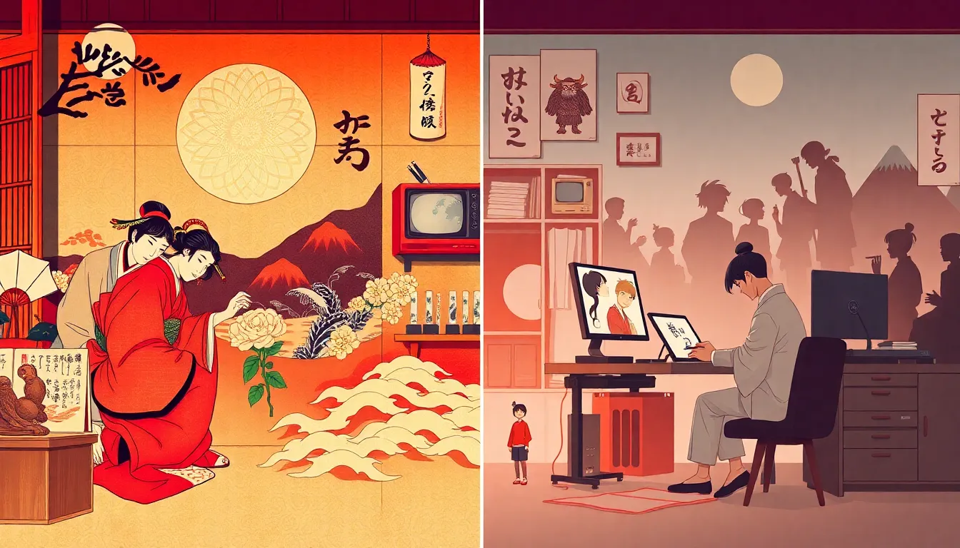 contrast of traditional ukiyo-e art and modern anime creation.