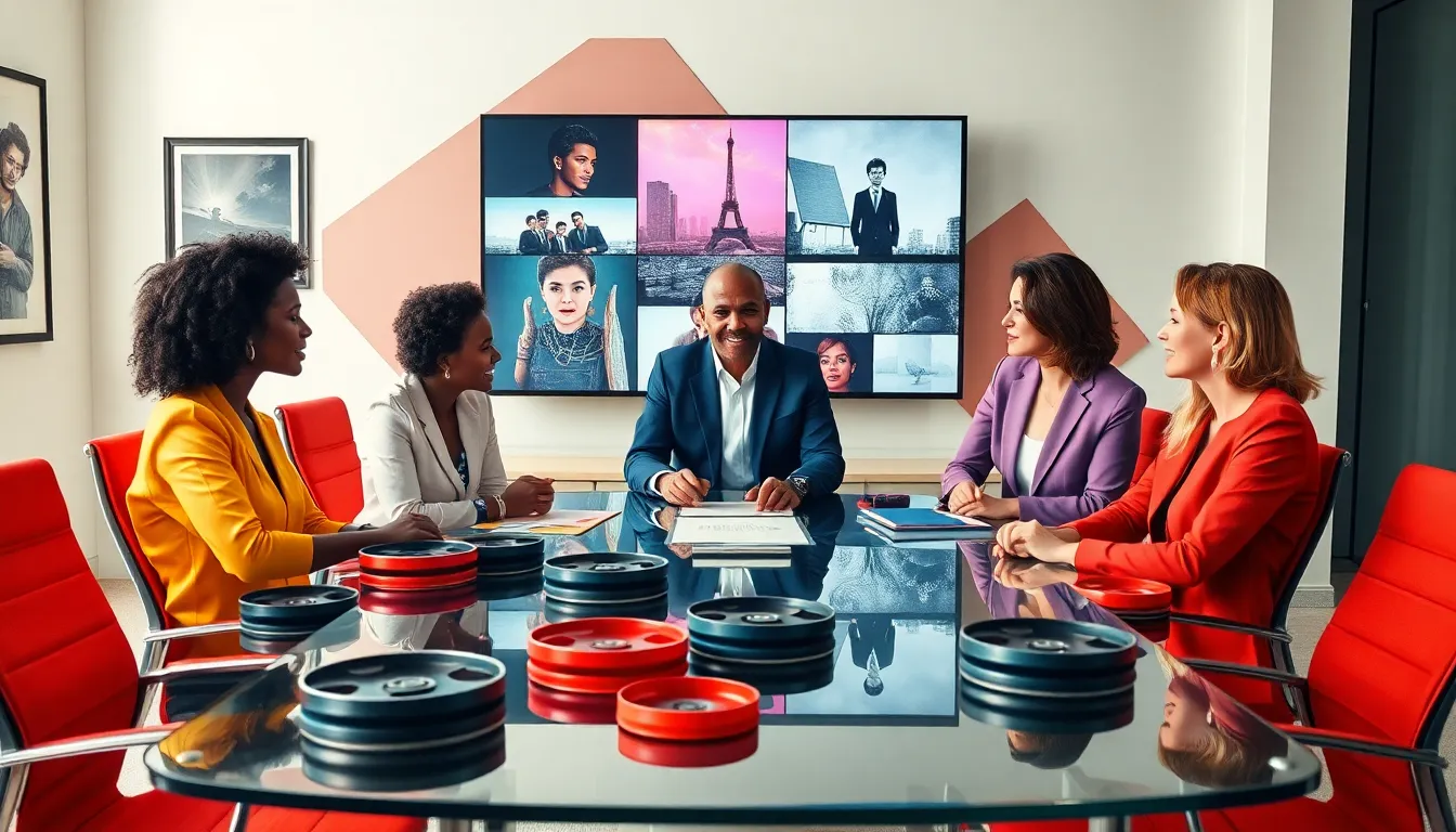 diverse team discussing French pop culture in a contemporary office setting.