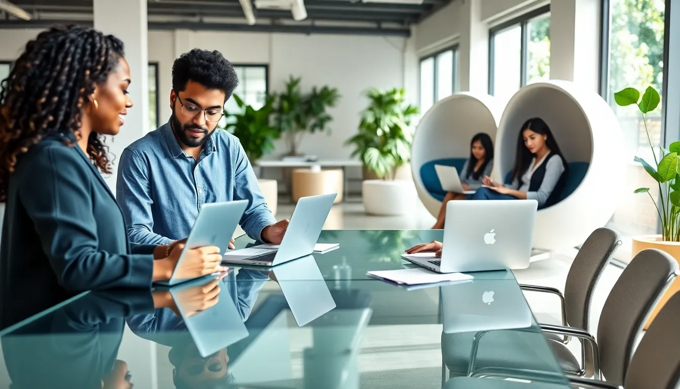 diverse team collaborating in a modern office promoting work-life balance.